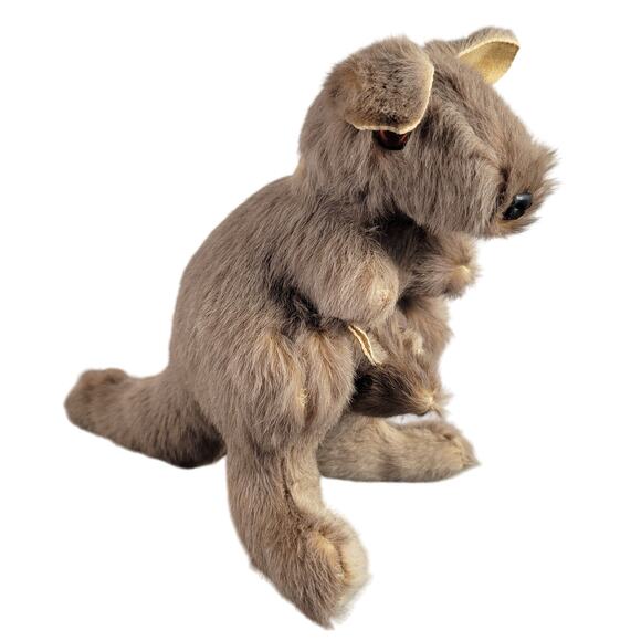Vintage Real Fur Kangaroo Plush Toy with Joey, Brown 10" Stuffed Animal - Picture 2 of 16